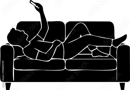 Person lying on sofa using smartphone, relaxed lifestyle and screen time addiction concept silhouette