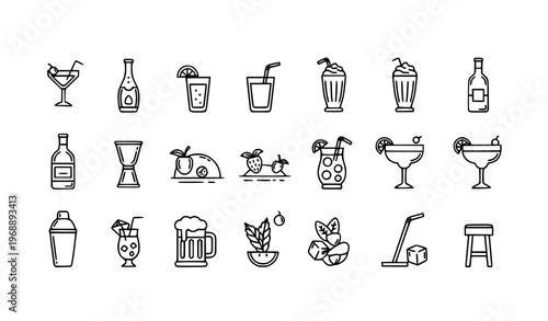 Bold rounded cocktail outline icons with modern bar and beverage elements vector set for menu design