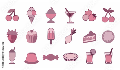 Rounded cherry dessert and fruit outline icons with sweet food elements for modern lifestyle vector set