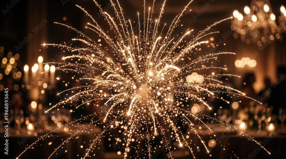 Obraz premium Champagne gold sparkles bursting like delicate fireworks, magical glitter particles scattering in warm metallic tones, celebratory luminous atmosphere, refined premium look, photorealistic overlay
