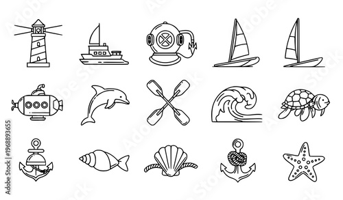 Doodle marine outline icon collection with ocean animals and nautical elements vector set