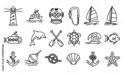 Rounded marine outline icons with ocean and nautical elements for travel and sea lifestyle vector set