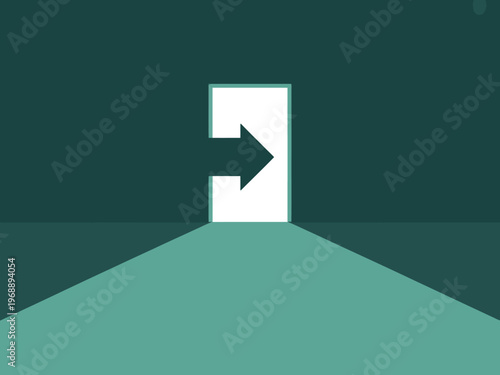 A minimalist graphic illustration of an open door with an arrow pointing to the right in a dark green room