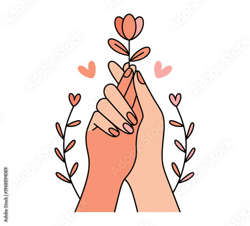 A loving hand holding a flower with hearts and leaves around it