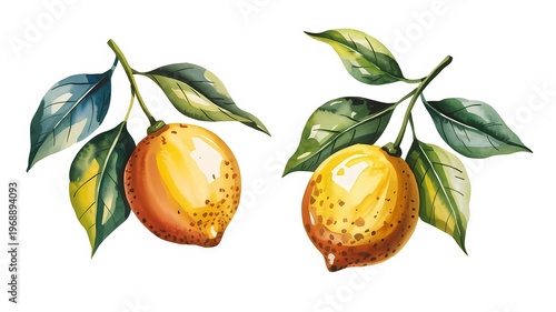 vibrant watercolor illustration of bright yellow lemons with textured peel, delicate green leaves, and thin stems. Lemons on a clean, pure white background. Isolated botanical art.