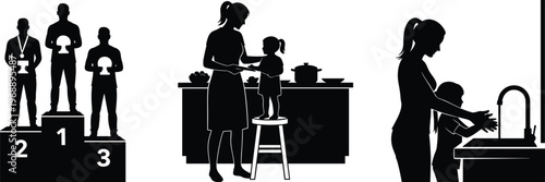 Life moments silhouettes set, success podium winners, parenting cooking, child care, hygiene routine, family lifestyle, daily activities illustration collection