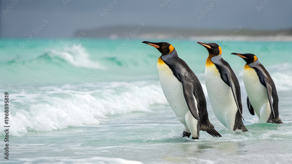 Fototapeta premium Group of King Penguins standing on beach by ocean waves