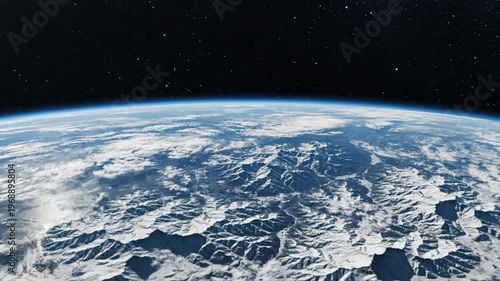 Earth from space with snow-capped mountains, clouds and stars