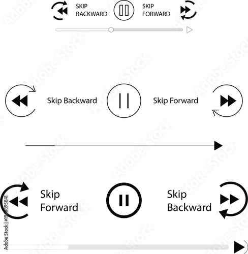 Set of media player control icons with pause button and skip buttons