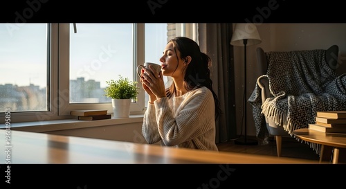 Woman enjoying coffee by window in bright sunlight at home