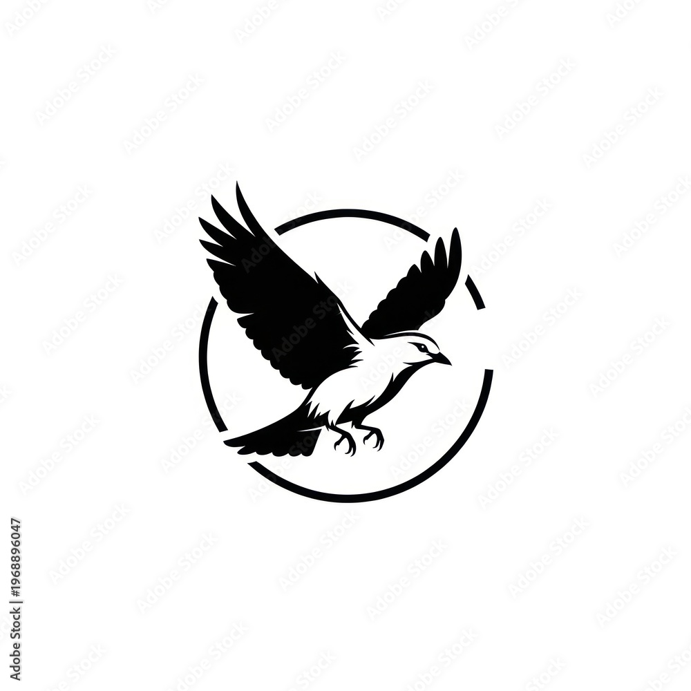Fototapeta premium A stylized black and white illustration depicting a flying bird encircled by a minimalistic ring