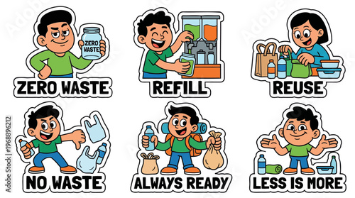 Zero waste life cartoon sticker set flat vector featuring sustainable lifestyle with glass jar refill station reuse bags no waste plastic free choice and less is more minimalistic concept