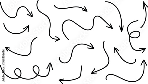 Hand drawn line arrows icons set. Arrow vector elements hand drawn arrows brush stroke curly arrow. Vector Icon