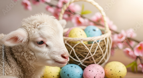Adorable lamb with easter basket of colorful eggs and pink blossoms in soft spring light for festive holiday celebration