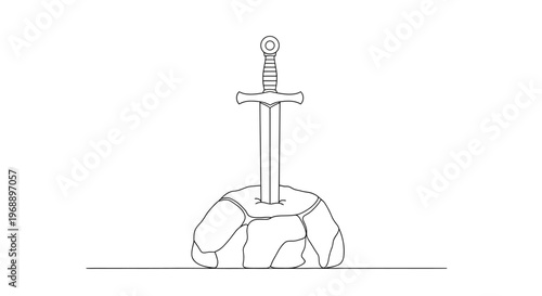 Sword Stuck in Stone Line Art Illustration Isolated on White Background