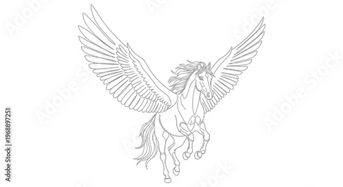 Pegasus Flying Line Art Illustration Isolated on White