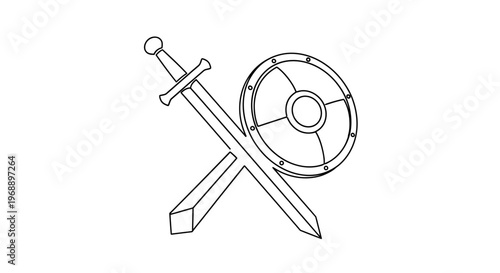 Sword and Shield Crossed Outline Illustration Isolated on White Background