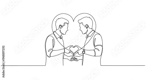 Gay Couple Forming Heart Hands Continuous Line Drawing Isolated White Background