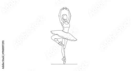 Ballerina Dancing En Pointe in Ballet Pose, Continuous Line Art Isolated on White