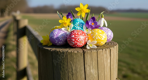 Decorative Easter eggs and spring flowers arrangement on rustic wooden fence post in garden setting colorful and vibrant