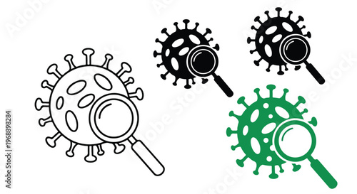 Microscopic view of virus particles being examined with a magnifying glass, representing scientific research
