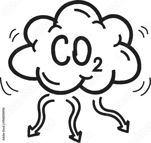 Hand drawn doodle of a carbon dioxide cloud with downward arrows