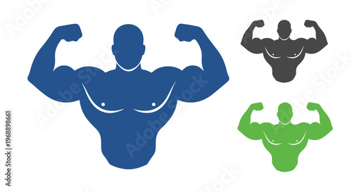 Strong muscular bodybuilder flexing biceps in silhouette, representing fitness and strength in blue, gray, and green