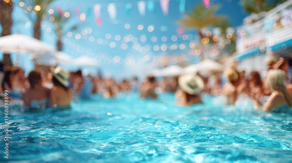 Obraz premium Summer pool party concept with cocktails, luxury vacation and blur