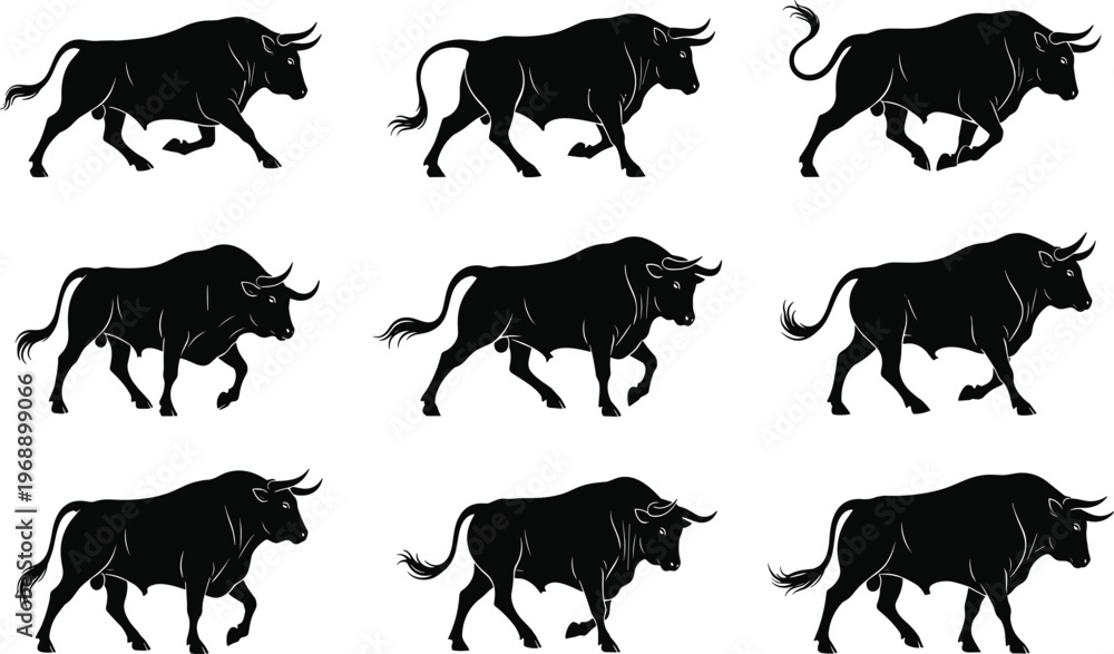 Obraz premium Bull silhouettes, walking motion, running bull, muscular animal, horned cattle, wildlife illustration, strength and power, animal posture, dynamic movement, farm animal