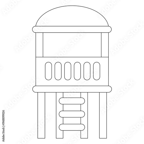 Baywatch observation tower with stairs is standing on beach and waiting for lifeguard team to rescue people