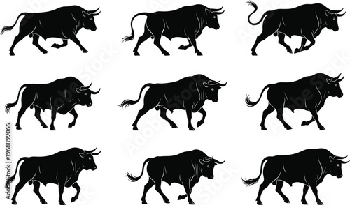 Bull silhouettes, walking motion, running bull, muscular animal, horned cattle, wildlife illustration, strength and power, animal posture, dynamic movement, farm animal