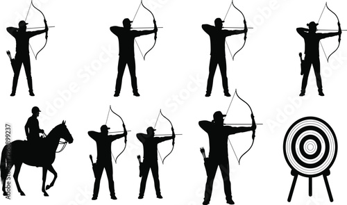 Archery silhouettes, bow aiming, mounted archer, target practice, sports illustration, precision shooting, horse rider archery, outdoor activity, athlete posture, competitive discipline