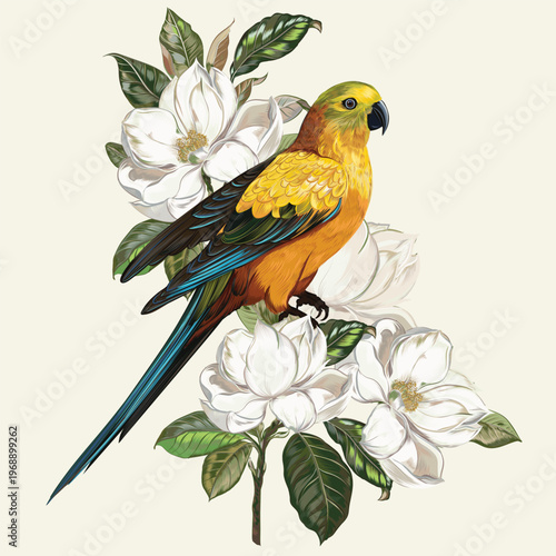 Fashion vector illustration with tropical  yellow parrot and magnolia plants vintage luxury style