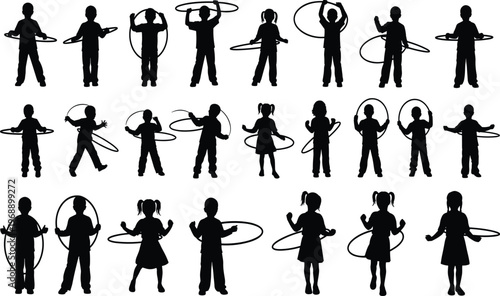 Children hula hoop silhouettes, kids playing, active lifestyle, playful motion, exercise activity, childhood fun, isolated figures, black silhouette collection
