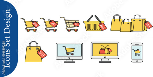 E-commerce and Shopping Icons Set Representing Online Purchases and Retail Transactions