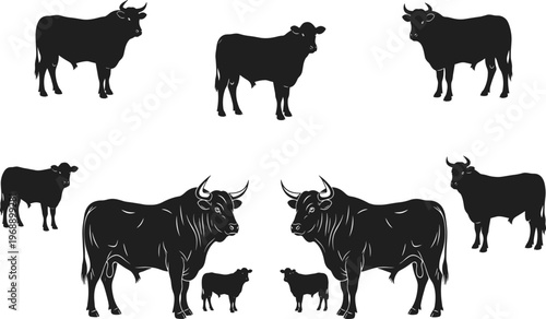Cattle silhouettes, bull with horns, cow figures, livestock illustration, farm animals, animal diversity, rural concept, agriculture design, herd posture, strength