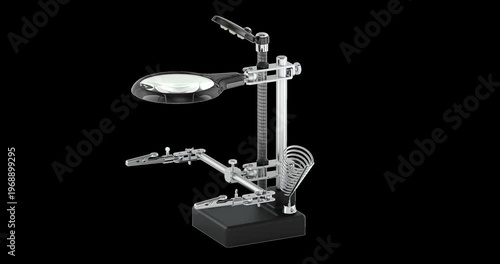 Helping hand with magnifying glass, rotation animation seamlessly loopable. 3D rendering isolated on transparent background