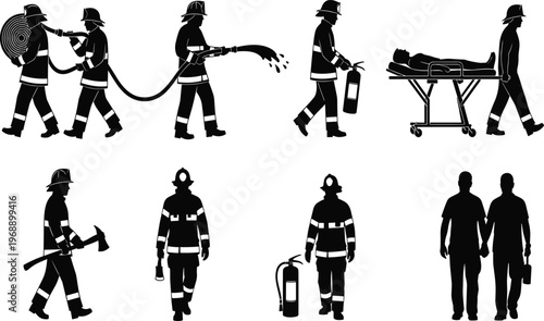 Firefighter silhouettes, emergency response, rescue teamwork, hose spraying, stretcher carrying, fire extinguisher, safety illustration, preparedness posture, disaster relief, protective action