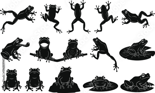 Frog silhouettes, jumping amphibians, sitting frogs, climbing poses, lily pad illustration, nature diversity, wildlife posture, animal motion, outdoor scene, amphibian design
