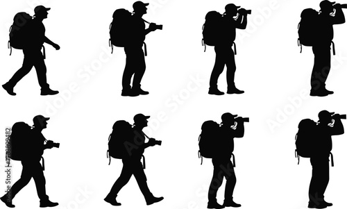 Hiker with backpack silhouette set, traveler walking with camera, adventurer using binoculars, trekking man collection, outdoor mountain tourism, explorer