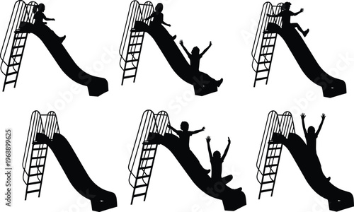 Playground slide silhouettes, children playing, sliding activity, outdoor fun, park equipment, childhood motion, recreation design, family leisure, amusement illustration, diversity