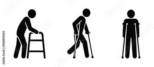 Vector set of stick figures using crutches. Simple black silhouettes showing various poses with walking aids. Perfect for medical concepts, rehabilitation, physical therapy, injury recovery