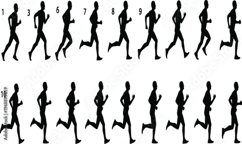Running silhouettes, human stride cycle, athletic motion, jogging sequence, sports biomechanics, fitness illustration, exercise posture, outdoor activity, athlete training, dynamic movement