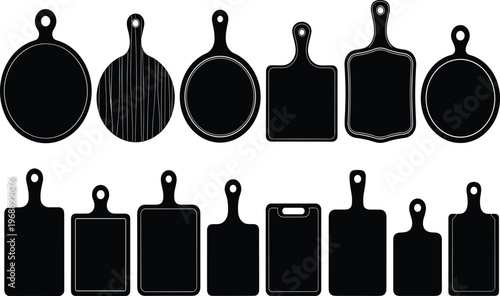 Silhouette cutting boards, kitchen utensil shapes, diverse chopping board designs, culinary tools, food preparation accessories, household kitchenware, cooking essentials, variety