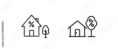Real estate and property tax outline icon set featuring house with percentage sign and home investment for mortgage loan more vector illustration on editable stroke.