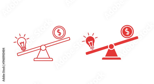 Comparing the value of a bright idea against financial investment on a balanced scale, representing business concepts