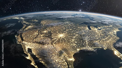 Earth globe at night showing North America city lights from space