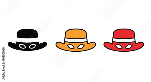 Three stylized fedora hats in black, orange, and red with white eye shapes, representing different characters or moods