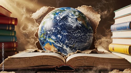 Earth globe bursting from ancient book with bright light