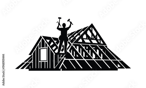 Skilled carpenter working on the roof framing of a new house under construction